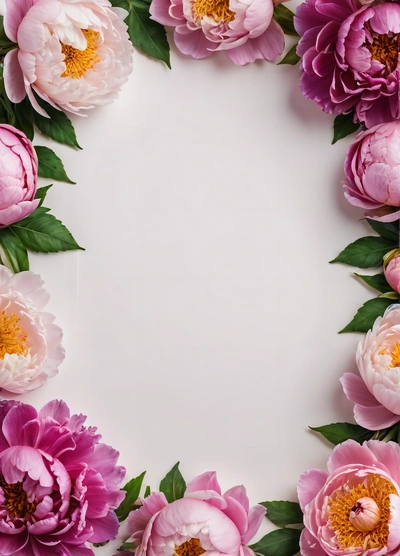 A white background with pink flowers and green leaves around it, with a white center surrounded by pink and white flowers and green leaves, on the bottom, plain background, a minimalist painting, postminimalism