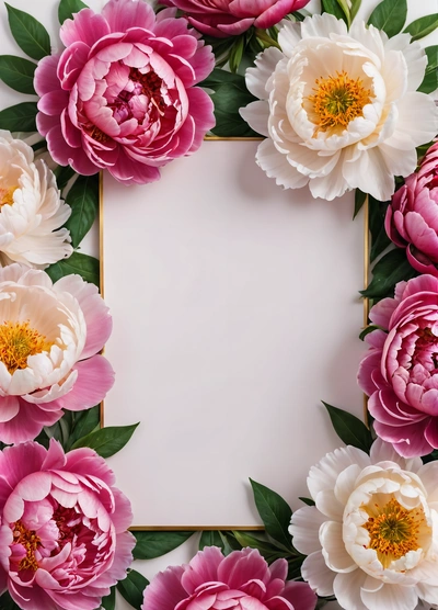 A square frame with pink and white flowers on a white background with a gold border around it and a white background with a gold border, plain background, a stock photo, cloisonnism