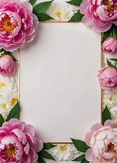 A square frame with pink and white flowers on a white background with a gold border around it and a white square in the middle of the middle, plain background, a poster, cloisonnism