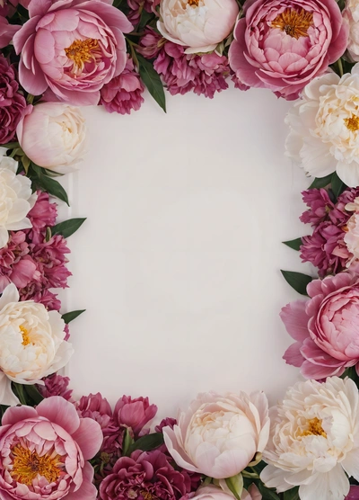 A square frame made of pink and white flowers on a white background with a place for a text or a picture or a picture to put on a card, plain background, a picture, temporary art