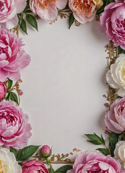 A picture frame with pink and white flowers on it and a gold border around it with a white background and a gold border around the edges, plain background, a poster, rococo