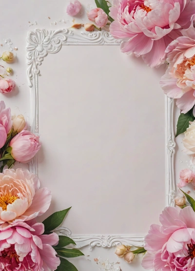 A white frame with pink flowers on it and a white background with a white border around it and a white border with pink flowers on it, plain background, a storybook illustration, arts and crafts movement