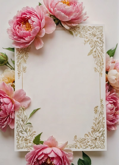 A white card with pink flowers on it and a gold border around it with a white envelope and a gold border around the edges with a gold border, paper texture, a detailed drawing, cloisonnism