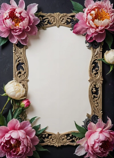 A mirror with flowers on it and a black background with a gold frame with a white and pink flower on it and a gold border, plain background, a poster, arts and crafts movement