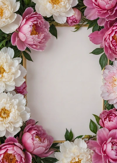 A square frame with pink and white flowers on it and a gold frame around it for a photo or a card or a gift box, plain background, a picture, temporary art