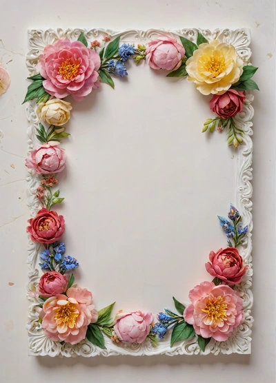 A white frame with flowers on it and a white background with a white border around it and a white border around the edges of the frame, highly detailed digital art, a pastel, net art