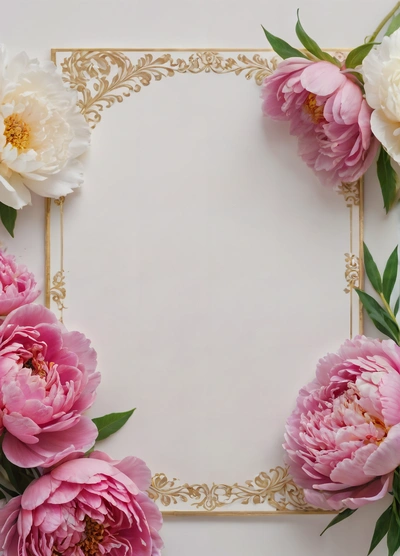 A white and pink flower frame with gold border on a white background with a gold border and pink flowers on the edges of the frame, plain background, a detailed drawing, arts and crafts movement