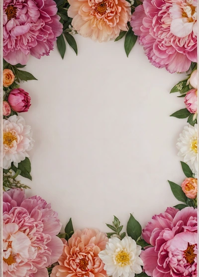 A square frame with pink and white flowers on it and a green leafy border around the edges of the frame is a square shape, plain background, a poster, temporary art