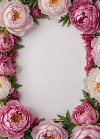 A square frame made of pink and white flowers with green leaves on a white background with a place for a text or a picture or a picture, plain background, a screenshot, temporary art