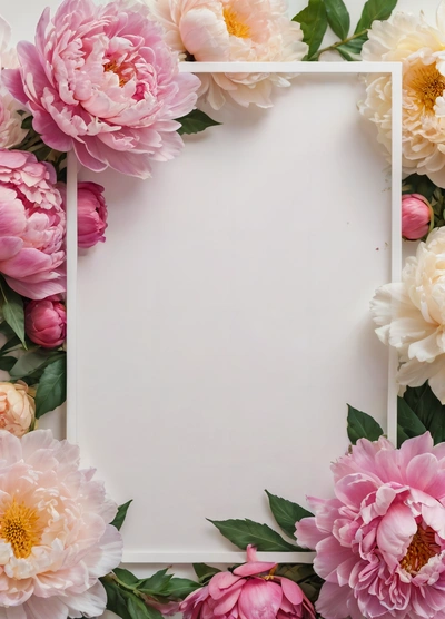 A white square frame surrounded by pink and white flowers on a white background with a white square in the middle of the frame is surrounded by pink and white, plain background, a poster, temporary art