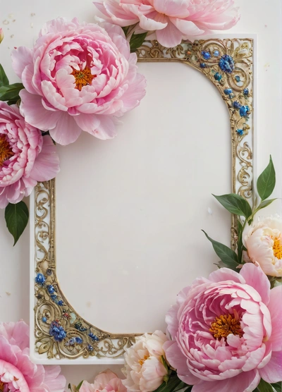 A picture frame with pink flowers on it and a gold border around it with a blue bead border around the edges of the frame, exquisite detail, a flemish baroque, rococo