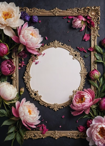 A mirror with flowers surrounding it on a wall with a black background and gold frame with a white mirror in the middle of the frame, liminal space, a flemish baroque, aestheticism