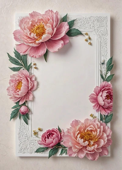 A white frame with pink flowers on it and a green leafy border around the edges of the frame is a white background with a white border and a white border with a, highly detailed digital painting, a detailed painting, cloisonnism