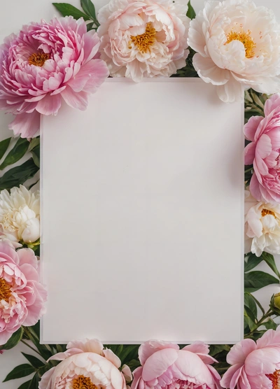 A white square frame with pink and white flowers around it on a white background with a green leafy border around the edges of the edges, plain background, a photocopy, mail art