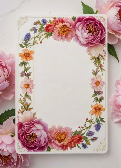 A card with a floral border and a border of flowers on it, surrounded by pink and purple flowers, on a white surface with a gold border, plain background, a detailed drawing, cloisonnism