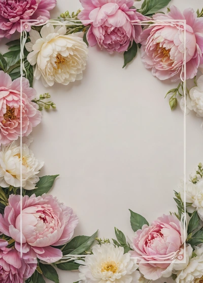 A white frame with pink and white flowers on it and a green leafy border around it with a white background and a white square, plain background, a flemish baroque, arts and crafts movement