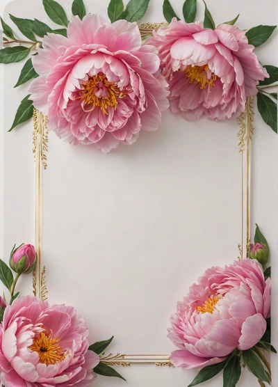 A white and gold frame with pink flowers on it and a gold border around the edges of the frame is a white background with a gold border and a, plain background, a poster, temporary art