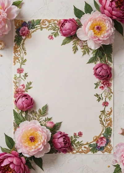 A white paper with pink flowers on it and a gold border around it with a gold border around the edges of the paper and a white background with a, paper texture, a detailed drawing, rococo