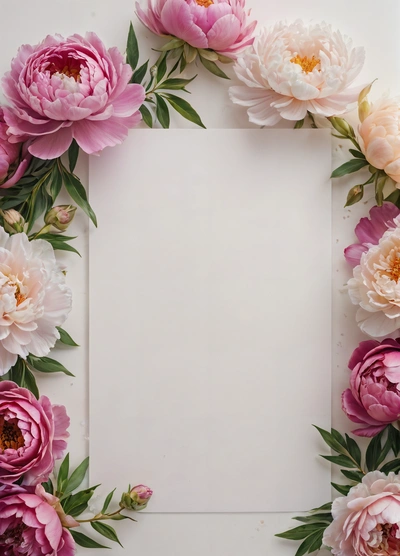 A square frame with pink and white flowers on a white background with a white sheet of paper in the middle of the frame is a square, plain background, a picture, postminimalism