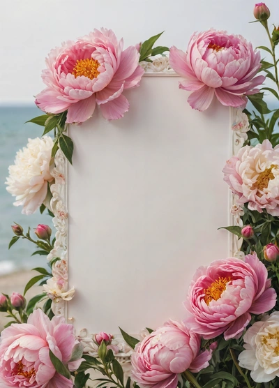 A picture frame with pink flowers and a white background with a white border for a photo or a card or a message or a message, plain background, a poster, temporary art