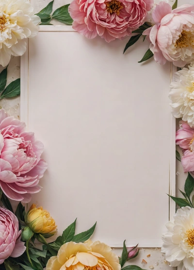 A square frame with pink and white flowers surrounding it and a white paper in the middle of the frame with a white background with a white border, plain background, a storybook illustration, arts and crafts movement