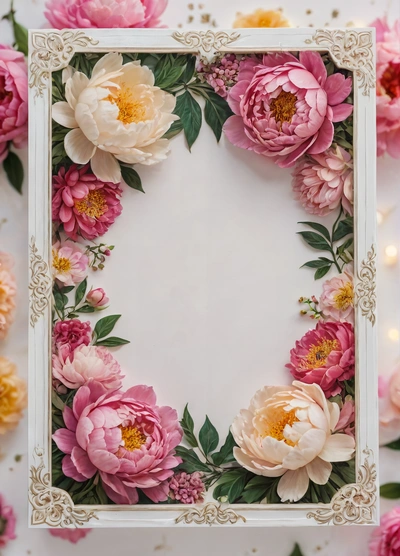 A picture frame with flowers on it and a candle in the middle of it with a white background and a gold border around the edges, plain background, a poster, arts and crafts movement