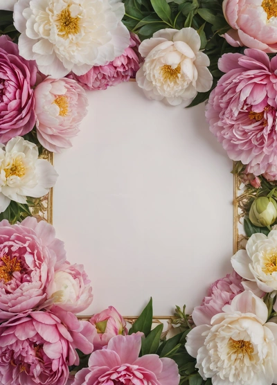 A square frame with pink and white flowers on a white background with a gold border around it, with a place for a text or a picture, plain background, a flemish baroque, temporary art