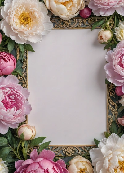 A picture frame with flowers surrounding it on a table top with a white background and a gold border around the edges of the frame is a white square, plain background, a storybook illustration, arts and crafts movement