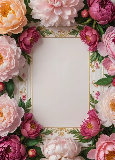 A picture frame with pink and yellow flowers on it and a white background with a gold border around it and a white square in the middle, plain background, a detailed drawing, arts and crafts movement