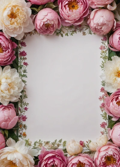 A square frame made of pink and white flowers with a white background with a white center surrounded by smaller pink and white flowers with a gold center, plain background, a picture, arts and crafts movement