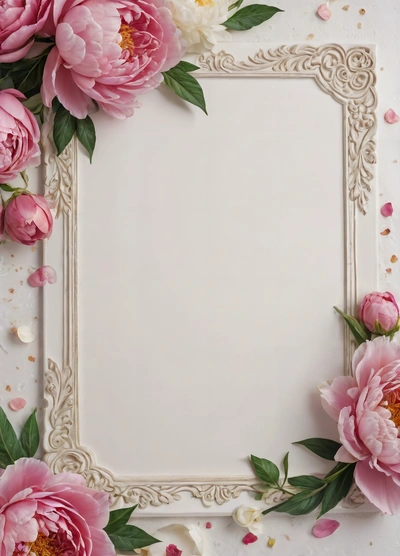 A white frame with pink flowers on a white background with gold confetti around it and a white background with a white border with a gold border, plain background, a storybook illustration, arts and crafts movement