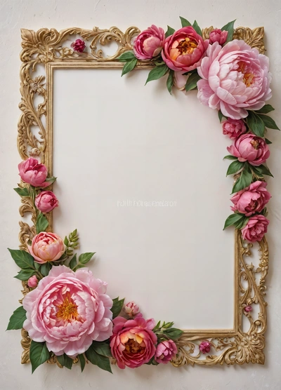 A picture frame with pink flowers on it and a gold frame with a white background and a gold border around it with a gold border, professional digital painting, a detailed painting, temporary art