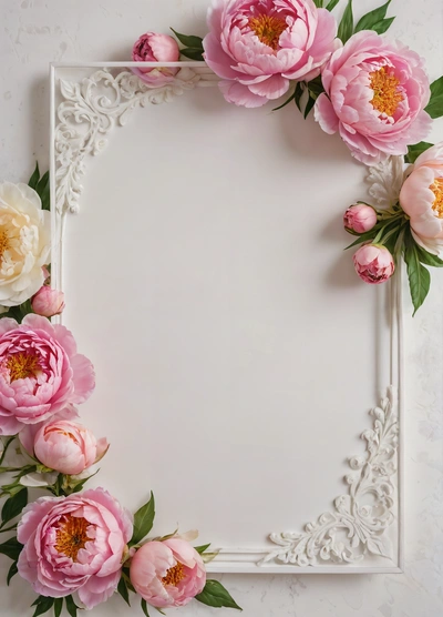 A white frame with pink flowers on it and a white background with a white border around it and a white border around the edges with a white border, plain background, a wireframe diagram, cloisonnism