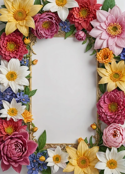 A picture frame with flowers on it and a white background with a gold frame on it, with a white background with a gold border, plain background, a screenshot, temporary art