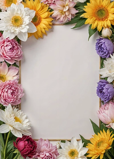 A square frame with flowers surrounding it on a white background with a white sheet of paper in the middle of the frame is a square, plain background, a stock photo, temporary art