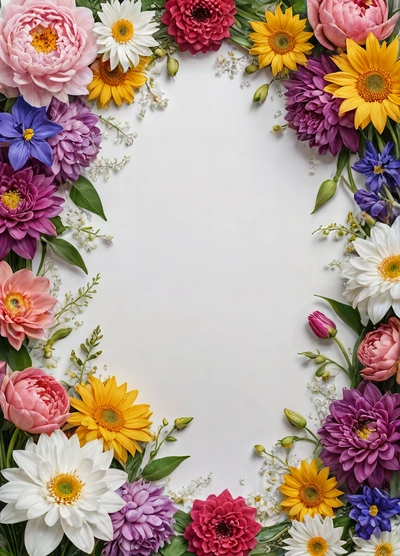 A white background with a bunch of flowers on it and a white center surrounded by flowers and leaves on the bottom of the picture is a white background, flowers, a stock photo, temporary art