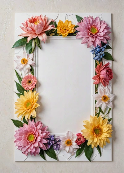 A picture frame with flowers on it and a white background with a white border around it and a white background with a white border around the picture, detailed product photo, a stock photo, temporary art