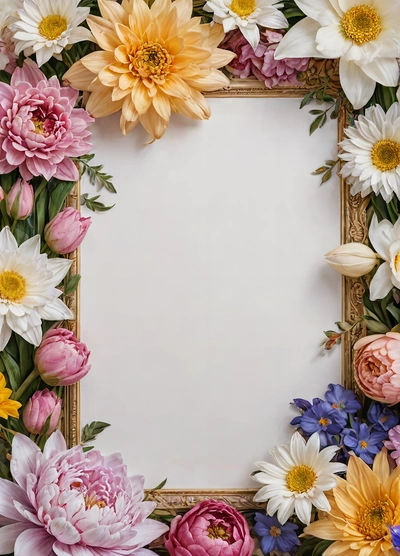 A picture frame with flowers surrounding it on a white background with a gold border around it is a white square with a gold border and a few smaller flowers, plain background, a detailed painting, temporary art