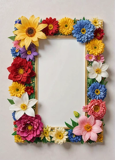 A picture frame with flowers on it and a mirror in the middle of it with a white background and a white background with a gold border, detailed product photo, a painting, temporary art