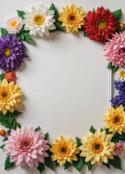 A picture frame made out of paper flowers on a wall with a white background and a white frame with a white border around the flowers, plain background, a stock photo, temporary art