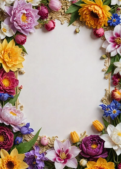 A picture of a bunch of flowers on a white background with a white center surrounded by smaller flowers and leaves, with a white background is a white space for text, plain background, a flemish baroque, temporary art