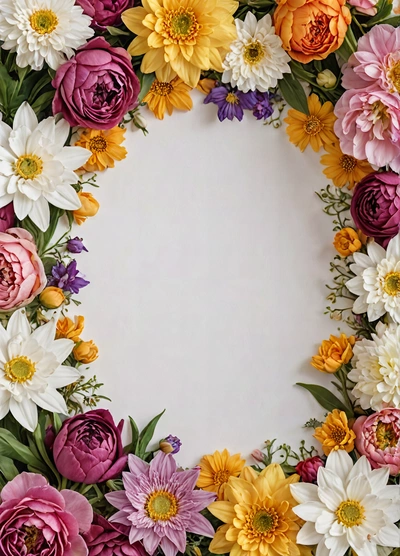 A white circle surrounded by many different colored flowers and leaves on a white background with a place for a text or a picture or a message, plain background, a picture, temporary art