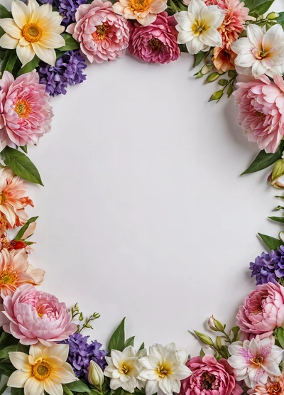 A white circle with flowers around it on a white background with a place for text or a picture to be placed on the center of the circle, plain background, a stock photo, temporary art