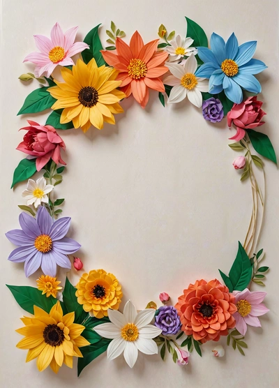 A wreath made of paper flowers on a white background with a green leafy border around the center of the wreath is a white wall, paper texture, a 3d render, temporary art