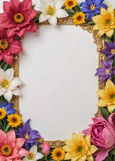 A picture frame with flowers on it and a white background with a gold border around it, and a white background with a gold border, plain background, a detailed painting, temporary art