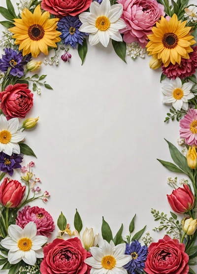 A white background with a circle of flowers and leaves around it, with a white center surrounded by red, yellow, and blue flowers, plain background, a stock photo, temporary art