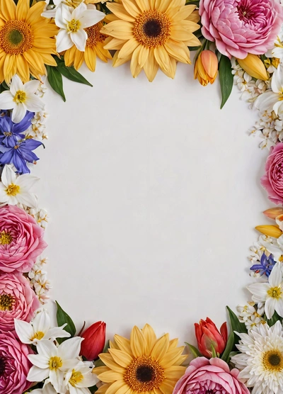 A white background with a bunch of flowers around it and a white center surrounded by smaller flowers and leaves, all in a square shape, plain background, a minimalist painting, temporary art