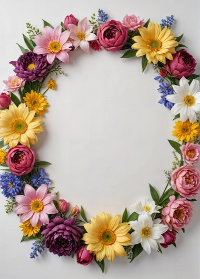 A circle of flowers arranged in a circle on a white background with a place for the text in the center of the circle is a, plain background, a cross stitch, temporary art