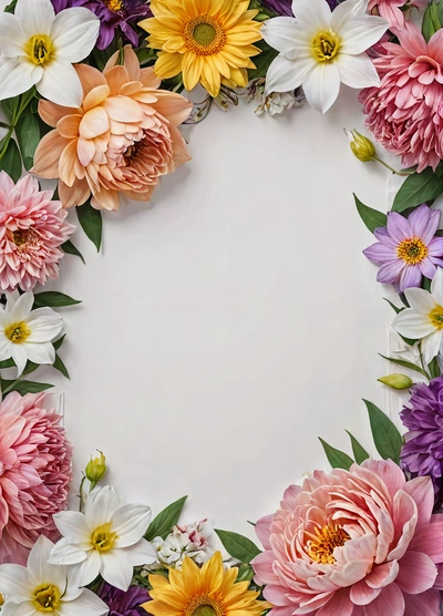 A white circle with a bunch of flowers around it with a white background with a place for the text in the middle of the circle, plain background, a minimalist painting, temporary art