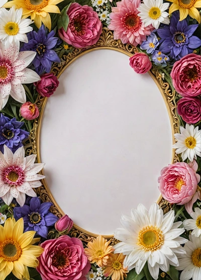 A round frame made of flowers with a white background photo of a flower arrangement with a white background and a gold border around the edges, plain background, a stock photo, cloisonnism